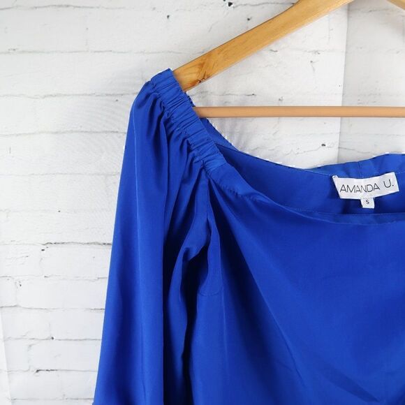 AMANDA U BLUE OFF THE SHOULDER 3/4 SLEEVE TOP SIZE SMALL - Picture 7 of 8